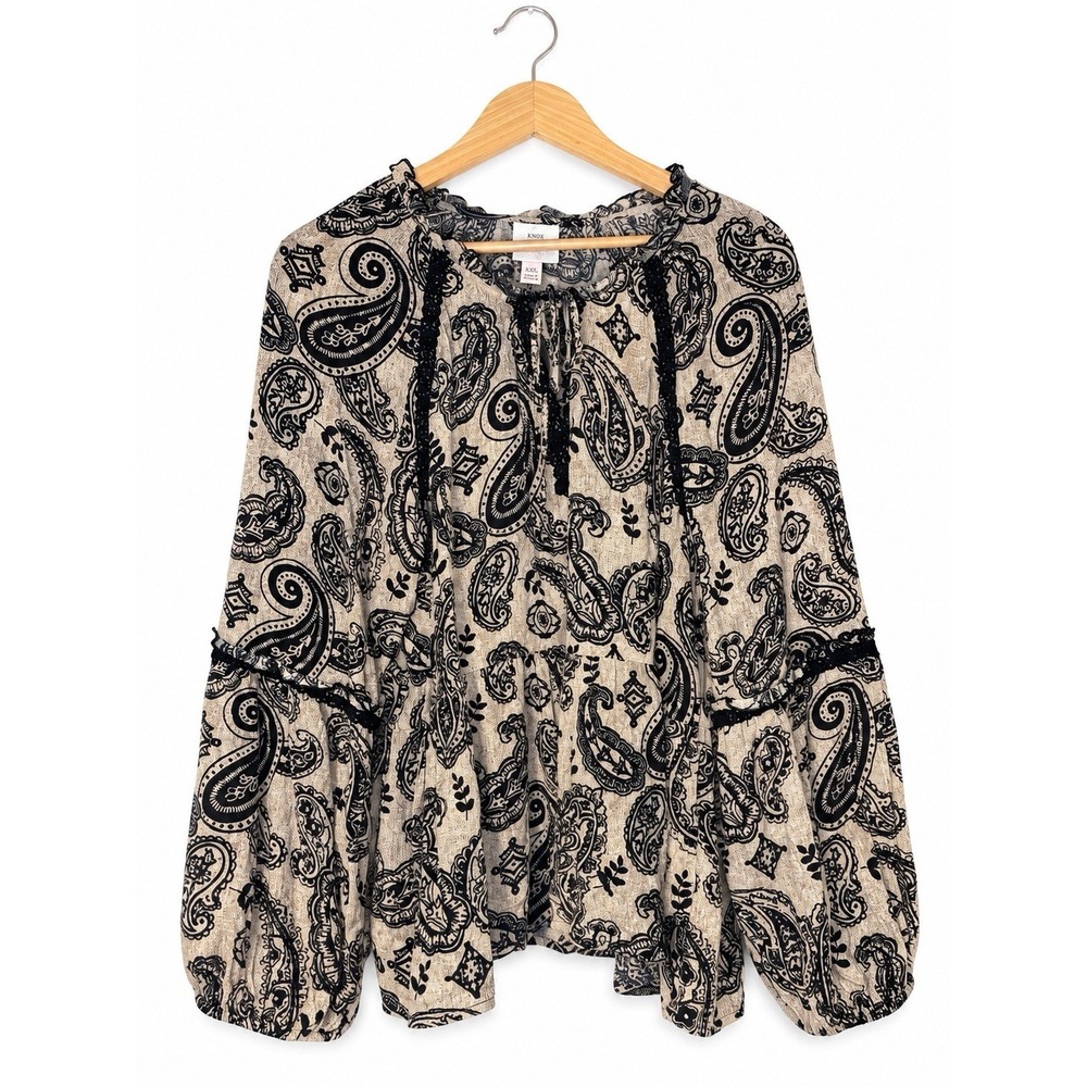Knox Rose Women's XXL Paisley Boho Blouse Beige Black Long Sleeve Crochet Trim - Picture 2 of 8